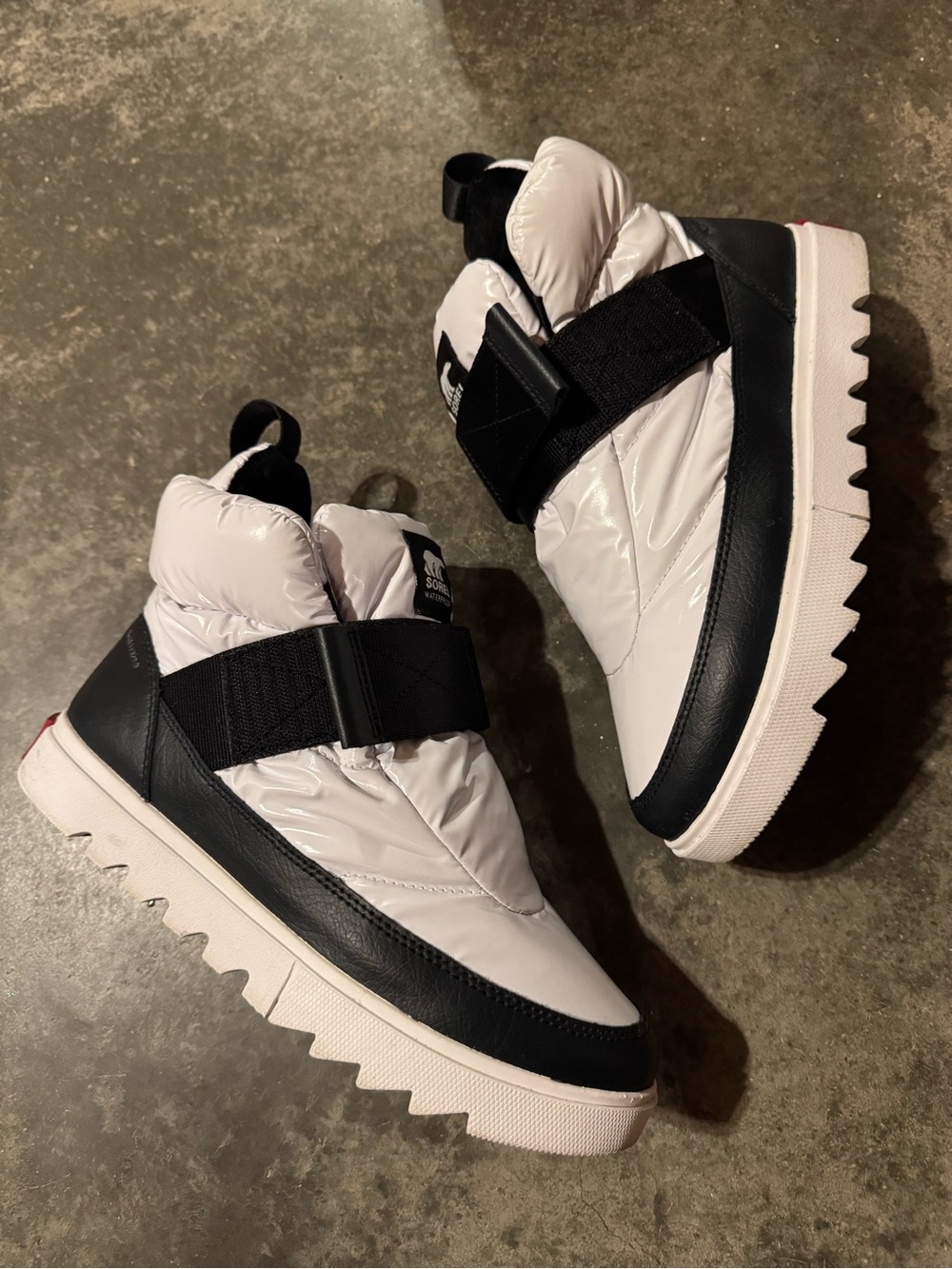 Sorel Joan of Artic Next Lite Strap Puffy Sneaker Boot in White and Black